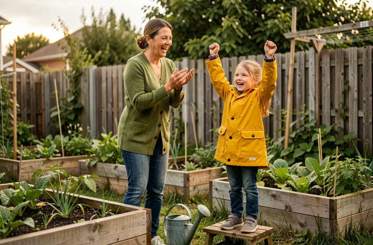 Mère applaudissant sa fille après une réussite dans le jardin familial avec fierté et joie