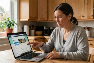 Une mère de famille consulte le portail Monlycée PSN sur un ordinateur portable dans une cuisine familiale, l'air préoccupée par la sécurité des données scolaires