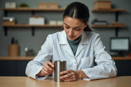 Femme mesurant le diamètre d'un cylindre métallique avec un pied à coulisse pour calculer son volume en litres