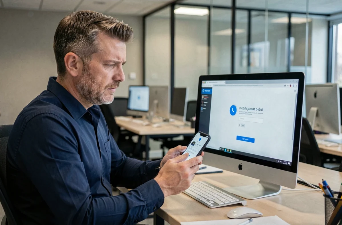 Homme en open space tentant de récupérer son accès à un compte avec un code de vérification sur smartphone
