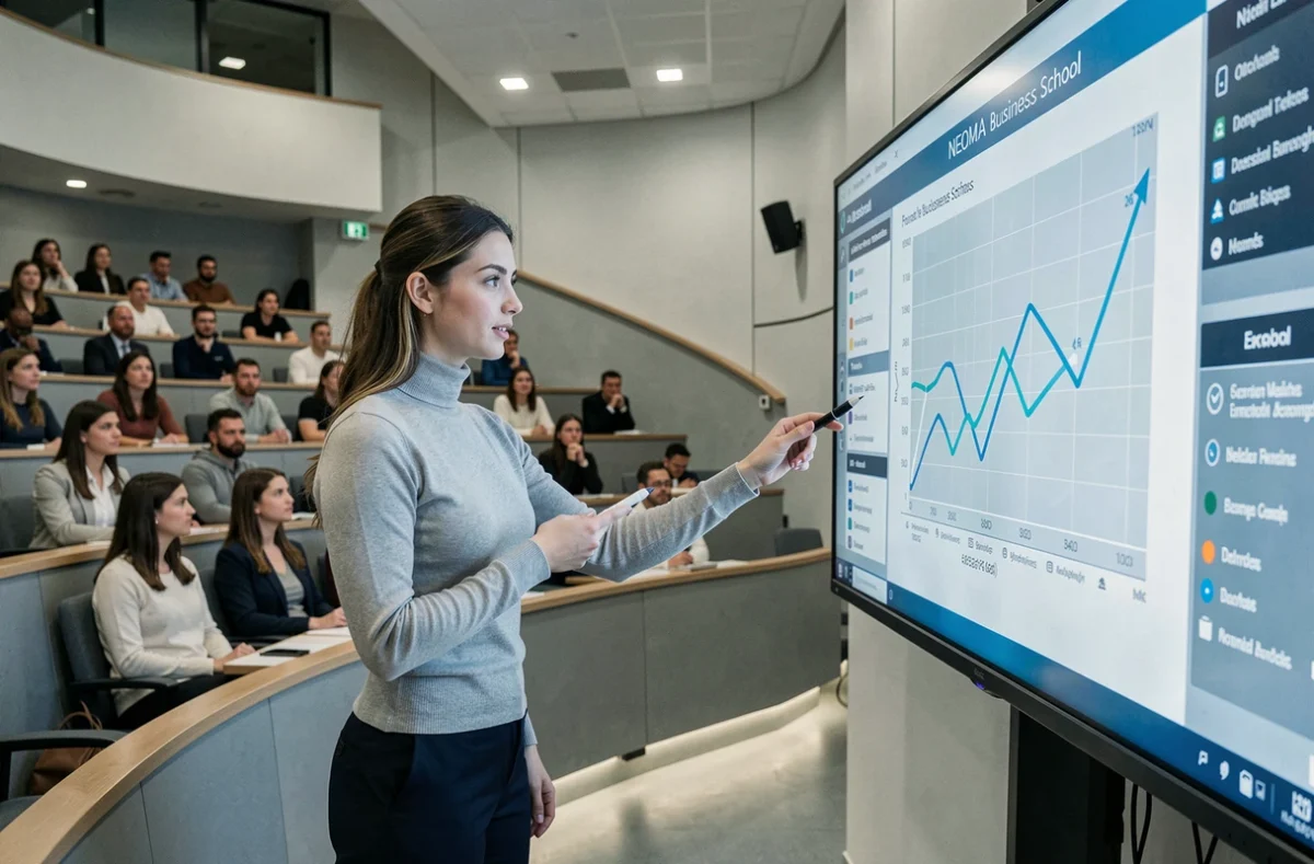Étudiante présentant une analyse business sur écran interactif dans un amphithéâtre de NEOMA Business School