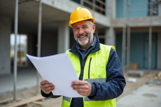 Ouvrier de construction français avec plan sur site urbain