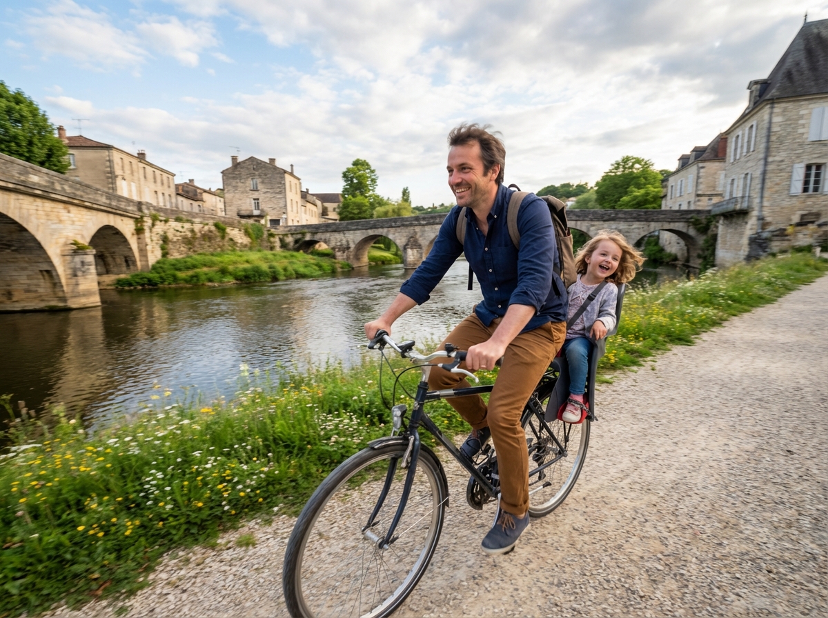 Père et fille faisant du vélo au bord de la rivière