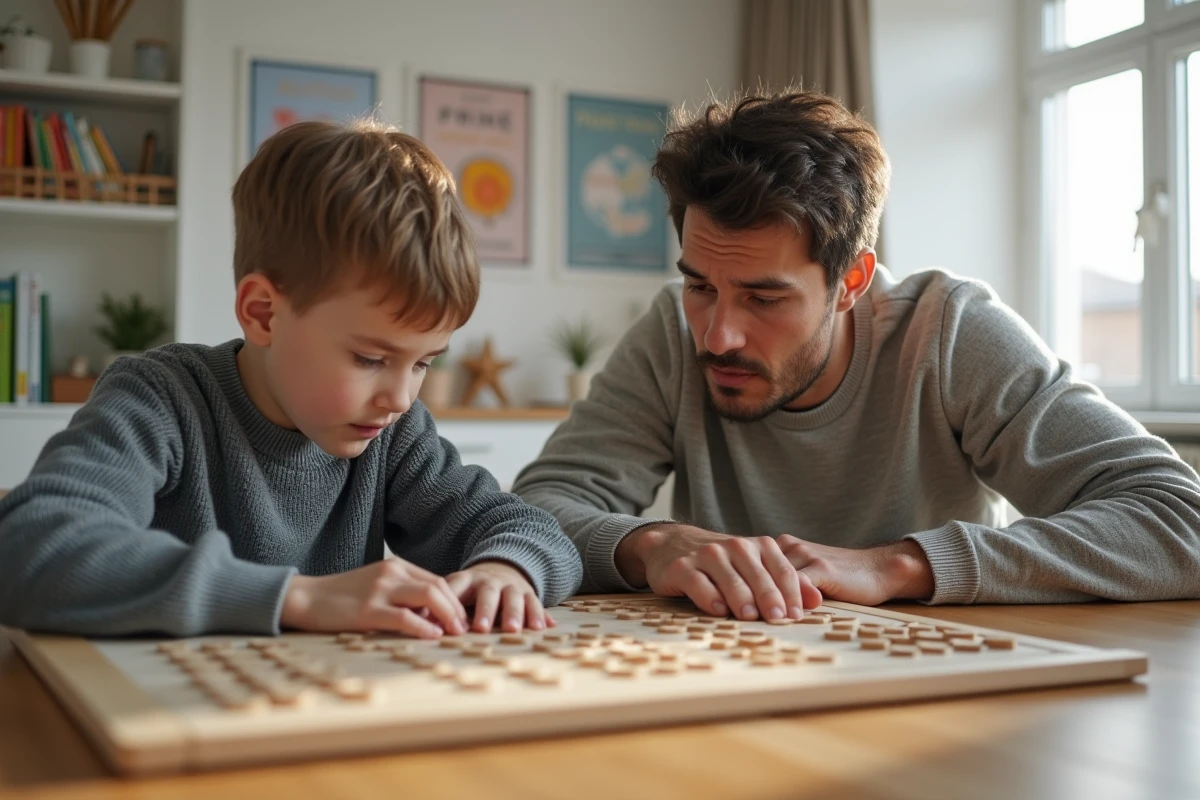 Père et fils de 10 ans travaillant ensemble avec un tableau Montessori