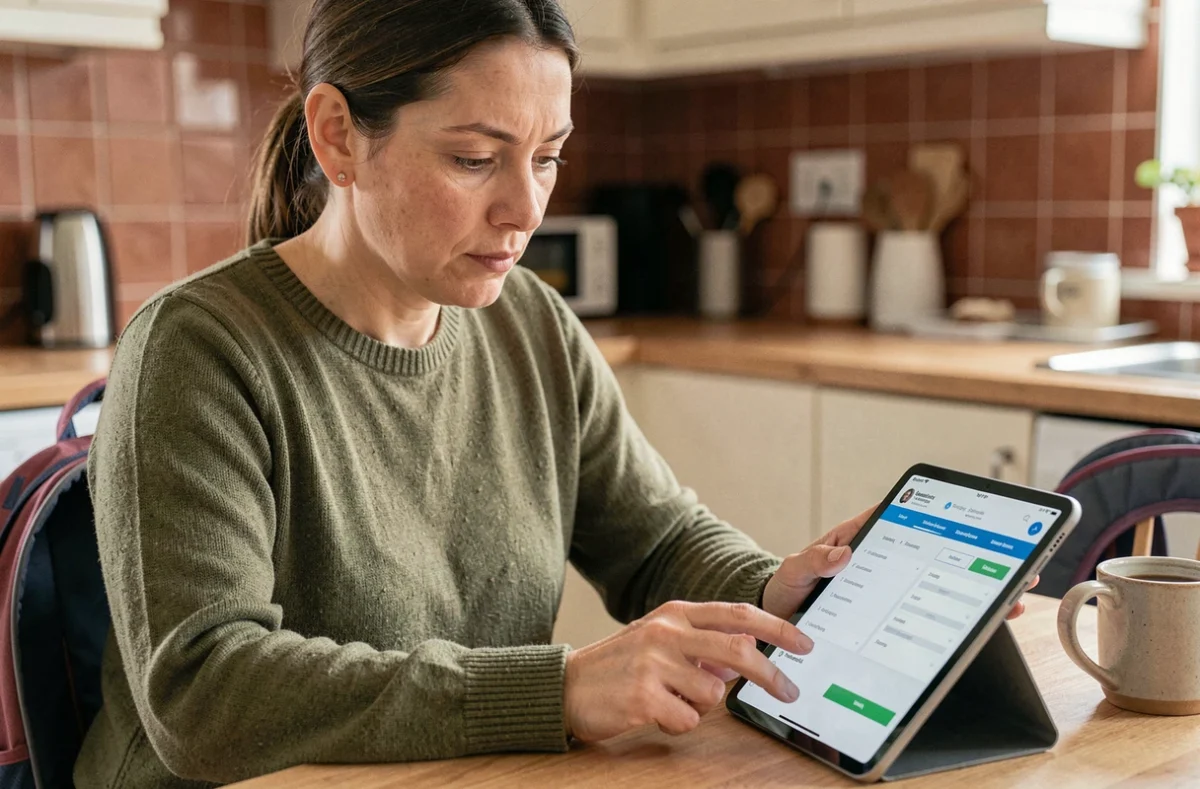 Parent consultant l'ENT college78 sur une tablette dans la cuisine le matin de la rentrée scolaire