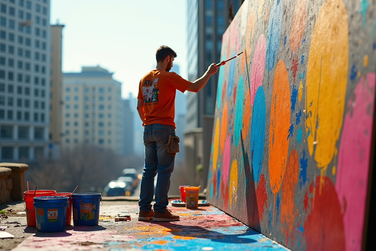 Artiste peignant une fresque abstraite en extérieur avec ville en fond