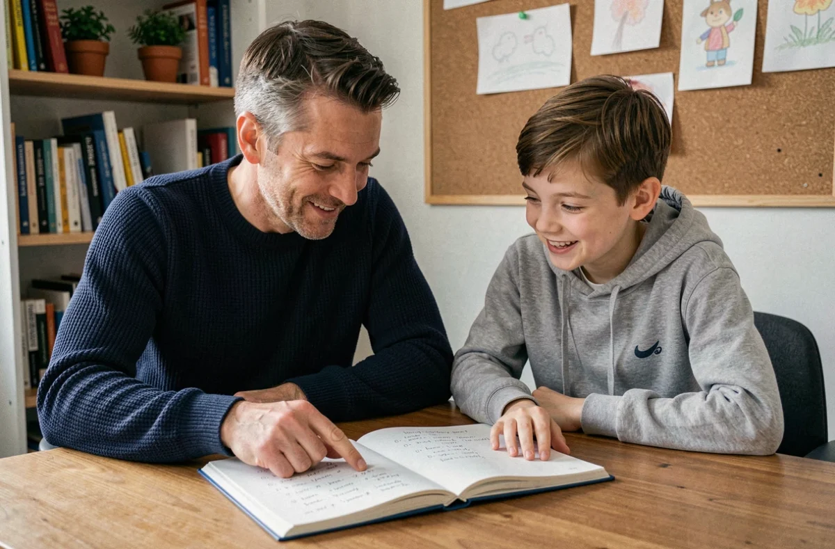 Père soutenant son fils dans ses devoirs avec une attitude bienveillante et encourageante
