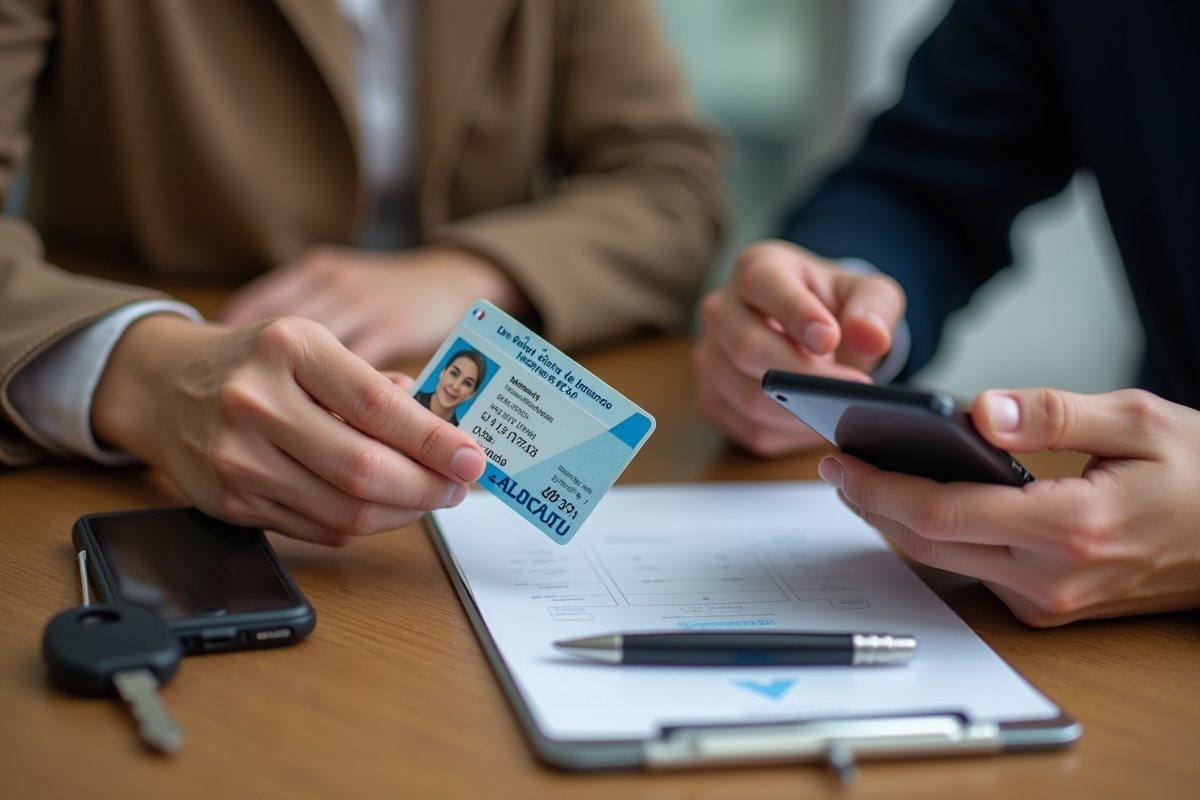 Mains tenant une carte de permis de conduire et un smartphone avec l application CPF