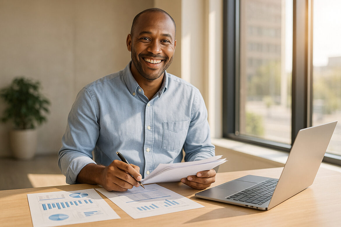 Photo hyperrealiste d'un adulte souriant au bureau avec documents et ordinateur
