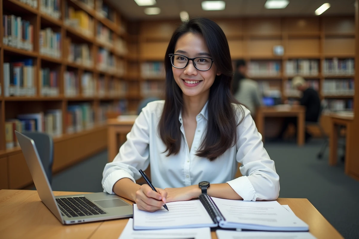 Jeune femme révisant des fiches thématiques pour l'entretien de naturalisation dans une bibliothèque