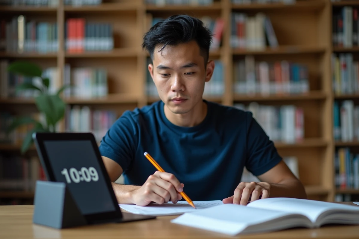 Étudiant s'entraînant au TOEIC avec une tablette et des notes dans une bibliothèque universitaire