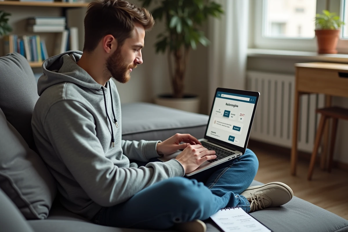 Jeune homme chez lui comparant les prix d'une formation en ligne dans le secteur du bâtiment sur son ordinateur portable