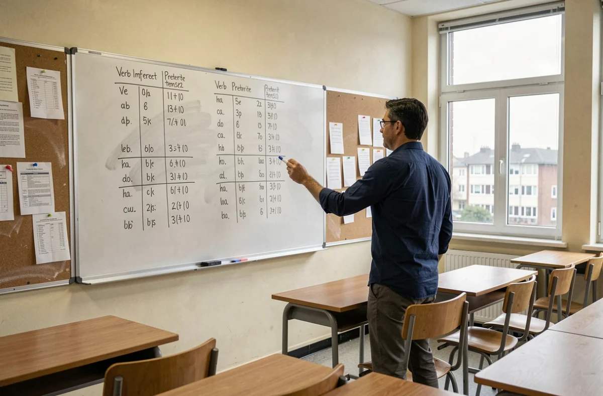 Professeur d'espagnol devant un tableau blanc avec des tableaux de conjugaison comparant l'imparfait et le passé simple en espagnol
