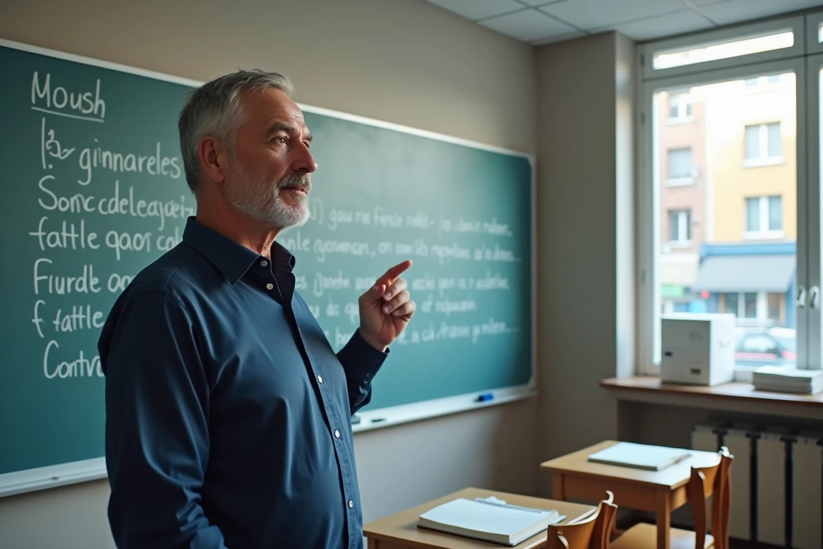 Professeur expliquant des règles de grammaire française devant un tableau blanc dans une salle de classe moderne