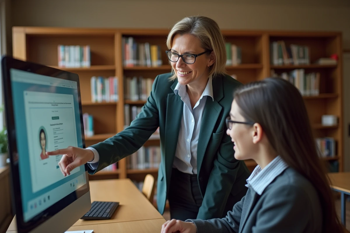 Enseignante guidant un lycéen lors de sa première connexion à l'ENT91 en bibliothèque scolaire