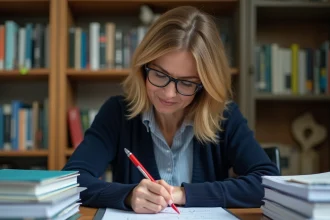 Professeure corrigeant des copies d'élèves avec un stylo rouge, notant une note sur 20 à son bureau en bois