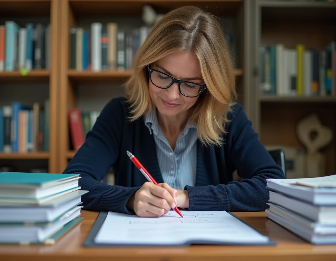 Professeure corrigeant des copies d'élèves avec un stylo rouge, notant une note sur 20 à son bureau en bois