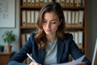 Professeure des écoles préparant un exercice de recrutement Scolinfo sur des documents administratifs dans un bureau scolaire