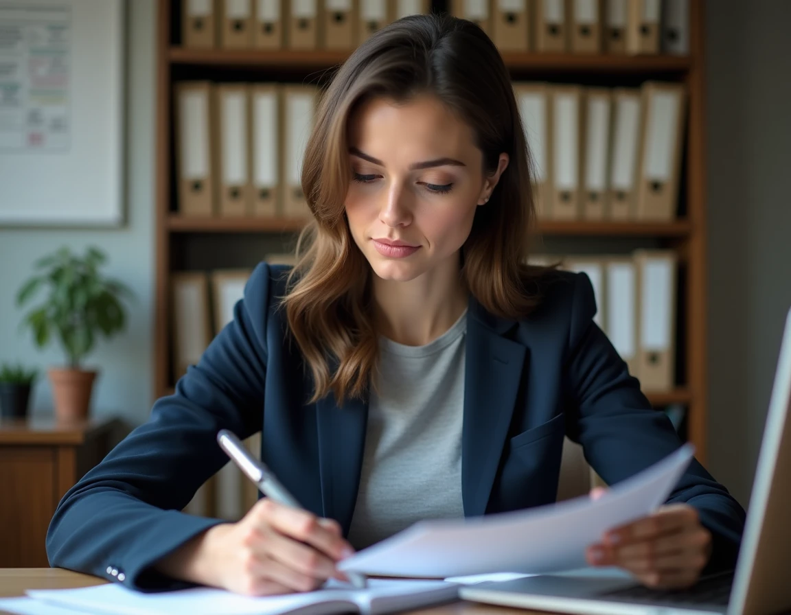 Professeure des écoles préparant un exercice de recrutement Scolinfo sur des documents administratifs dans un bureau scolaire