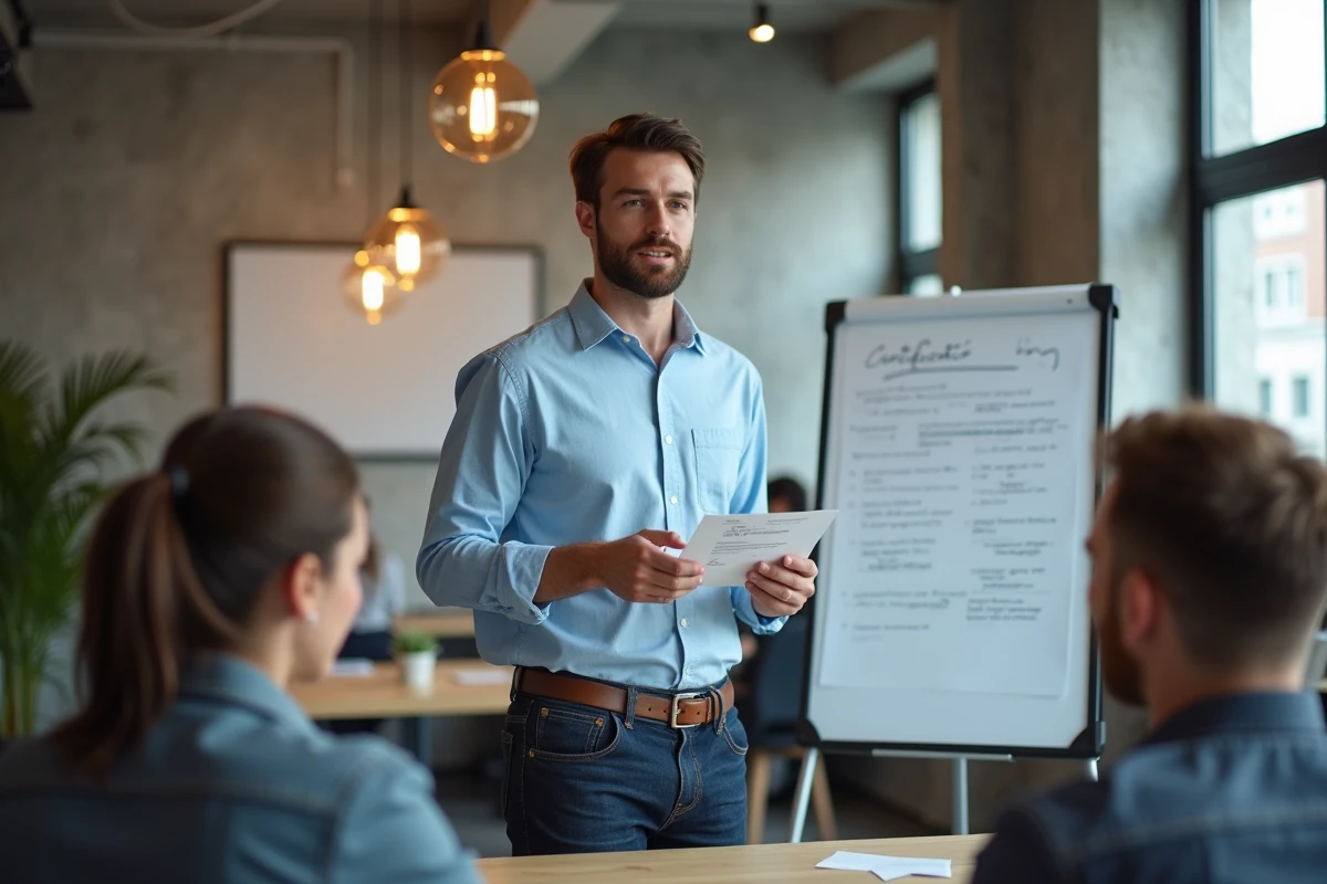 Professionnel présentant son certificat de formation à des collègues dans un espace de coworking moderne, illustration d'une reconversion professionnelle réussie