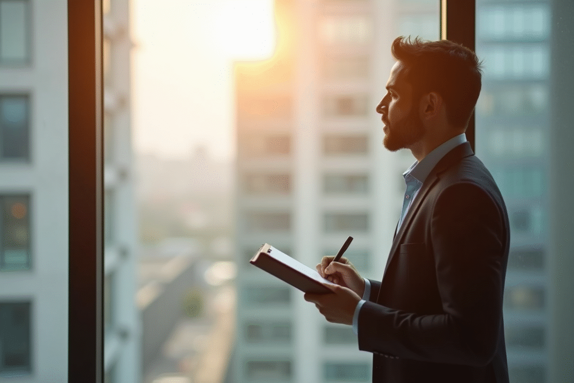 Professionnel confiant dans un bureau moderne avec soleil