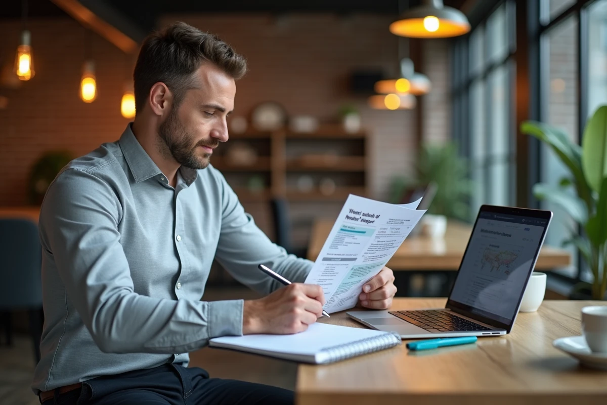 Professionnel du tourisme étudiant un rapport sectoriel dans un espace de coworking moderne
