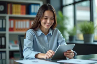 Femme administrative souriante utilisant une tablette dans un bureau moderne