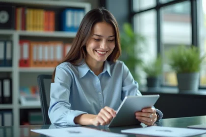 Femme administrative souriante utilisant une tablette dans un bureau moderne