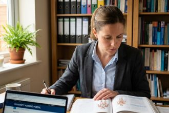 Femme en reconversion professionnelle vers les métiers de la santé étudiant des manuels médicaux à son bureau à domicile