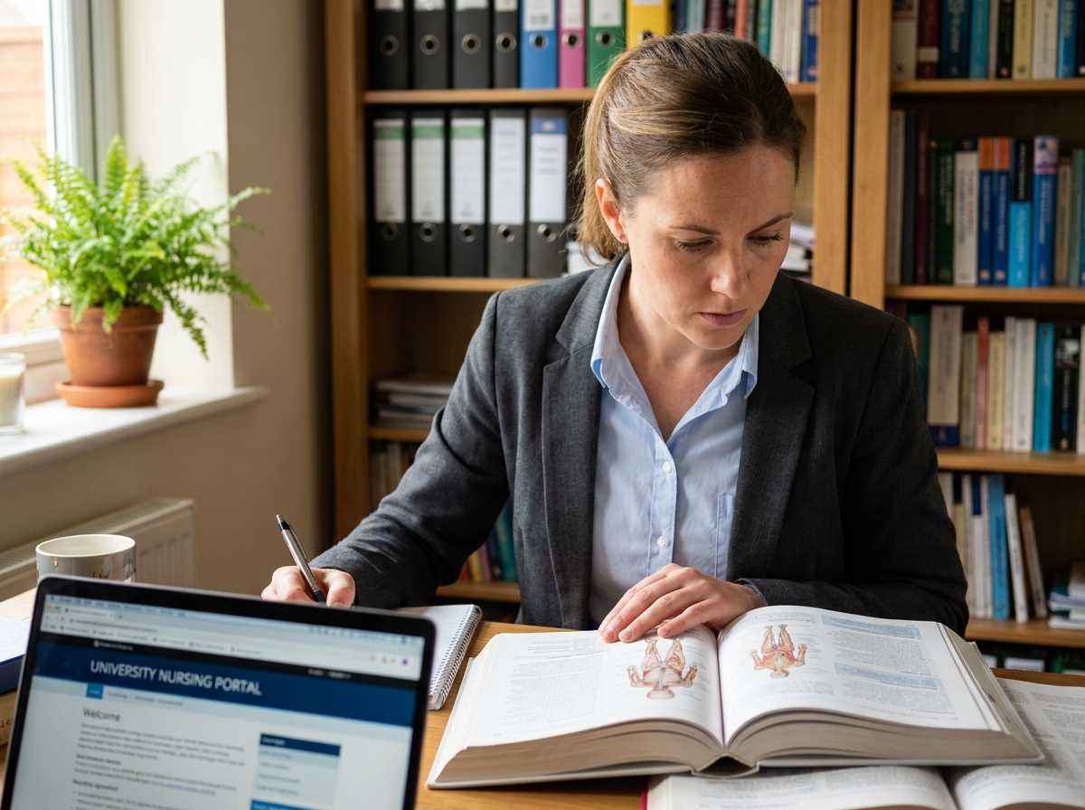 Femme en reconversion professionnelle vers les métiers de la santé étudiant des manuels médicaux à son bureau à domicile