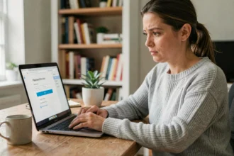 Femme récupérant son mot de passe perdu sur un portail en ligne depuis son bureau à domicile