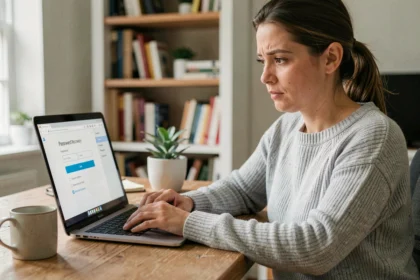 Femme récupérant son mot de passe perdu sur un portail en ligne depuis son bureau à domicile