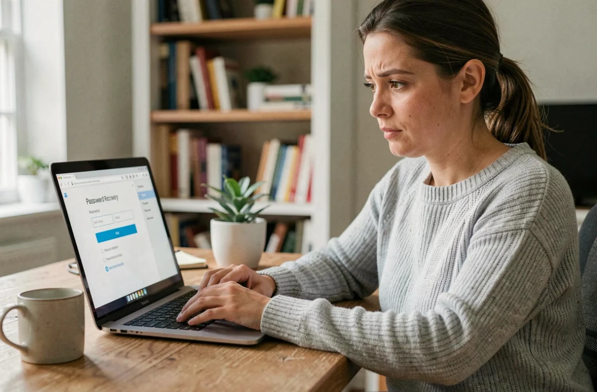 Femme récupérant son mot de passe perdu sur un portail en ligne depuis son bureau à domicile