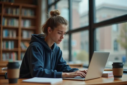 Étudiante récupérant son mot de passe ENT UPHF sur un ordinateur portable dans une bibliothèque universitaire