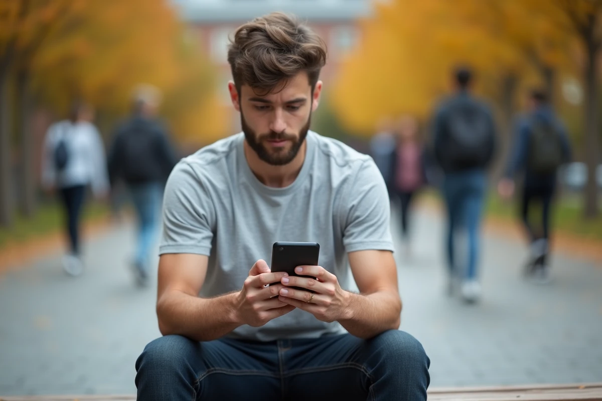 Étudiant réinitialisant son mot de passe ENT UPHF sur smartphone dans un campus universitaire en automne