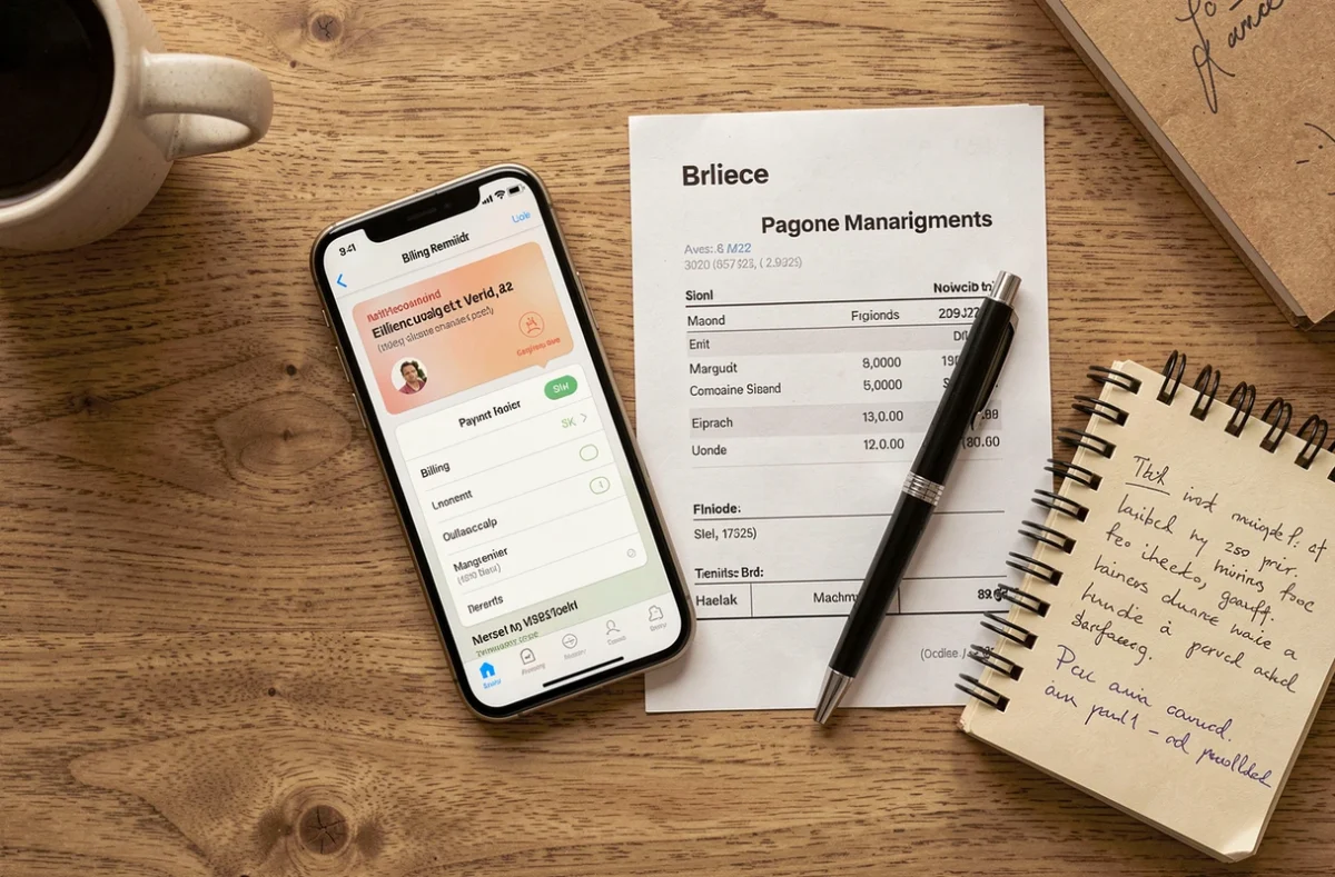 Vue de dessus d'un bureau avec smartphone affichant une relance de paiement, facture imprimée et notes manuscrites