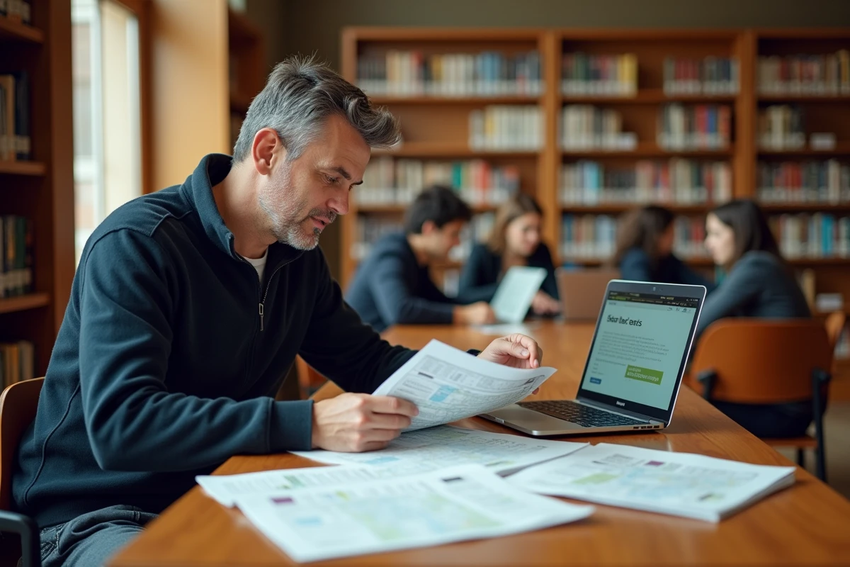 Homme consultant des ressources en français sur le campus du MIT dans la bibliothèque Barker Engineering à Cambridge