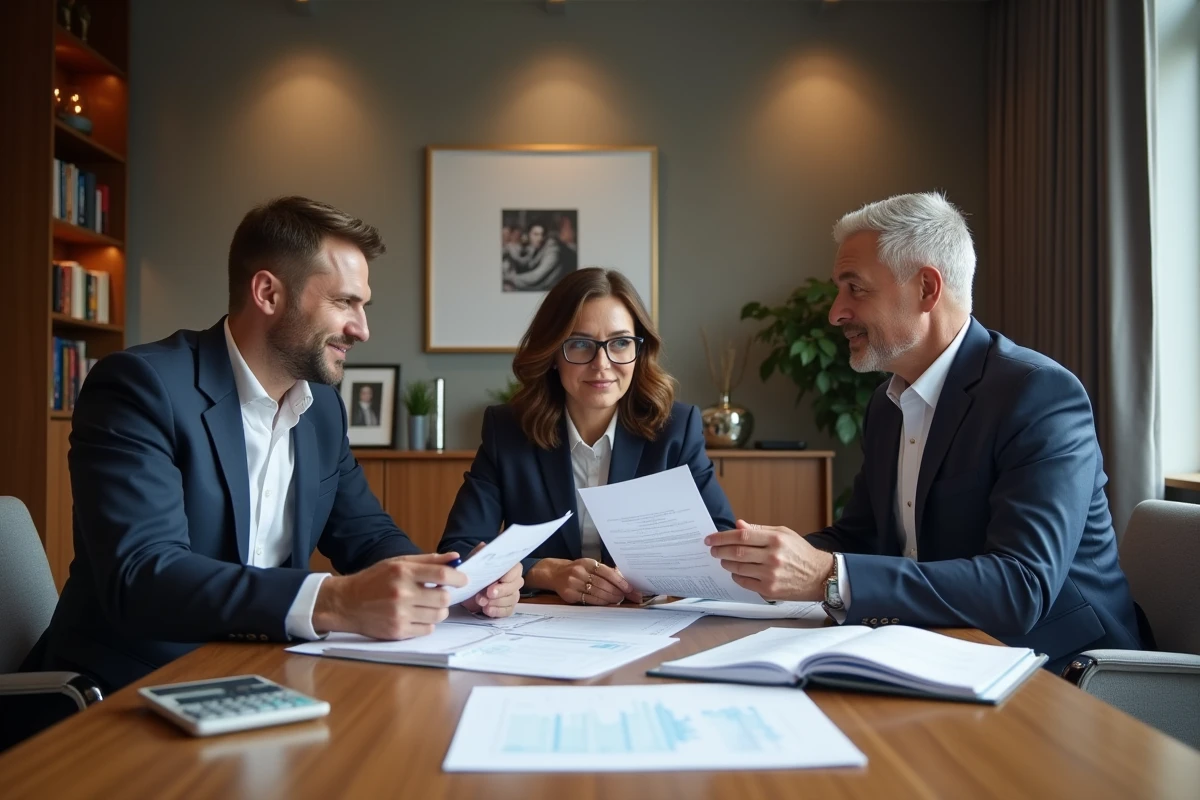 Groupe de collègues discutant de rapports financiers en réunion