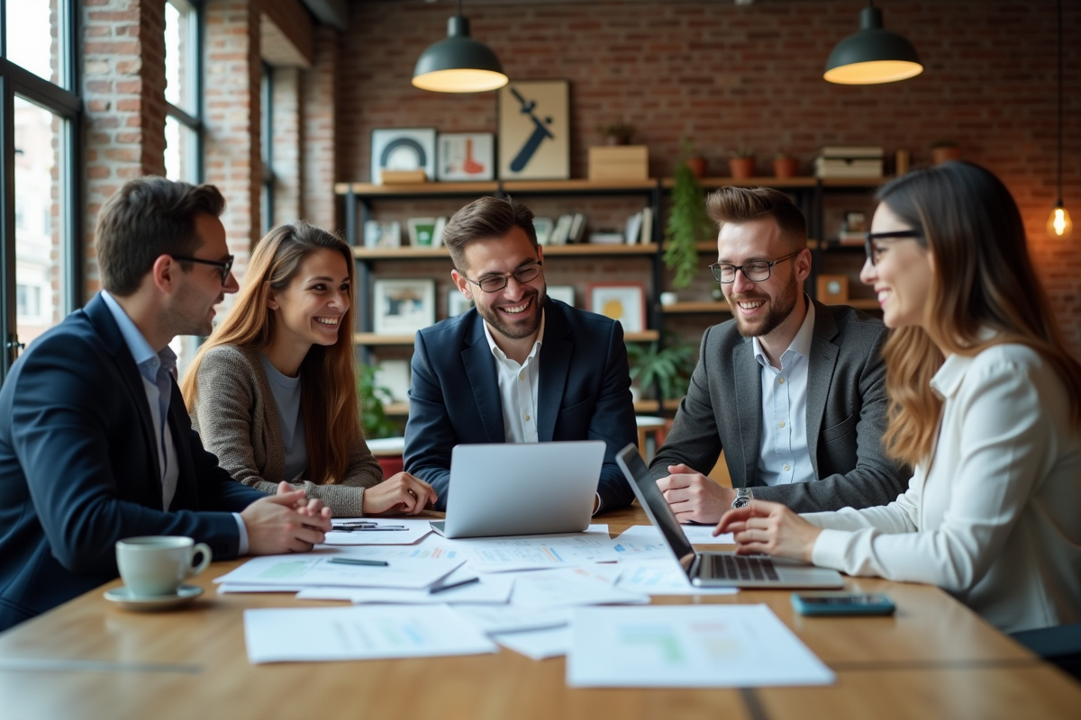 Groupe de jeunes professionnels en réunion dans un loft créatif