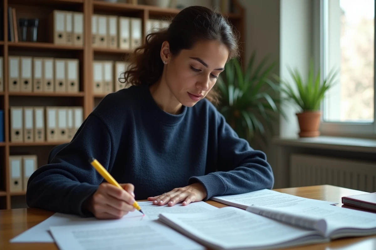 Femme étudiant des fiches de révision pour la naturalisation française à son bureau