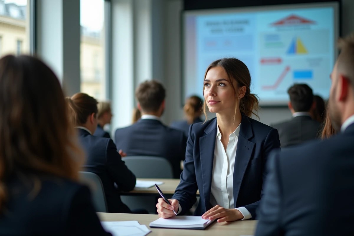 Salariée prenant des notes lors d'une conférence de formation digitale à Paris pour financer sa montée en compétences