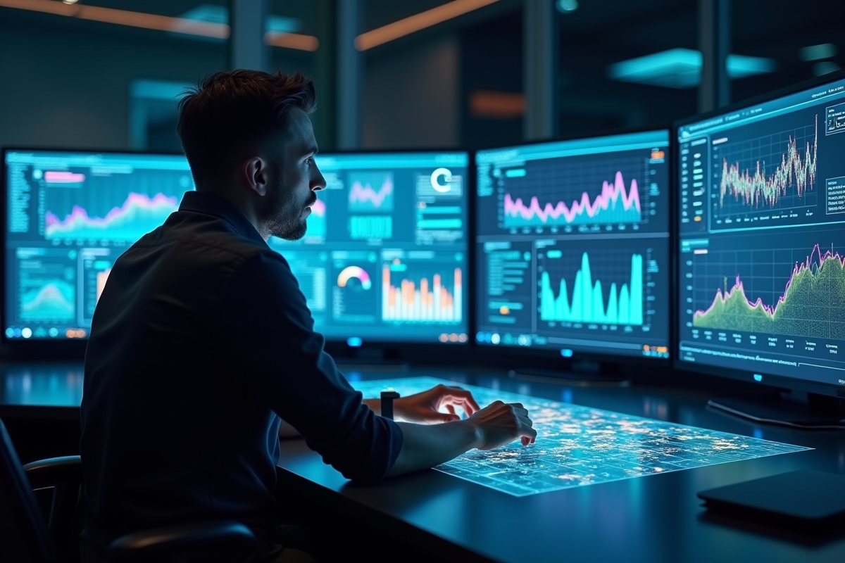 Ingénieur utilisant interface holographique dans salle futuriste