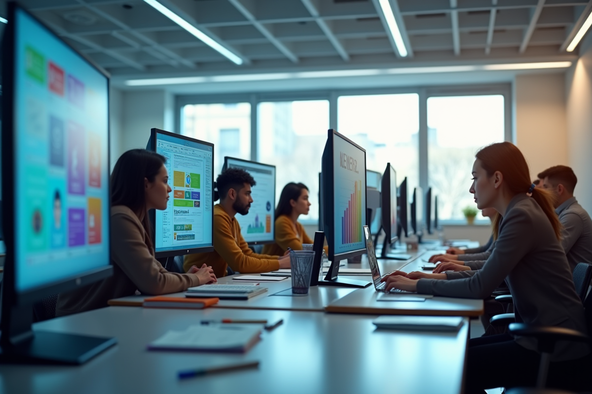 Salle informatique avec étudiants collaborant autour de grands écrans