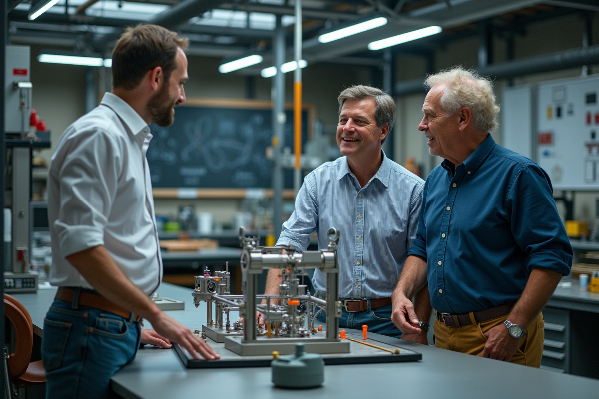 Groupe de chercheurs discutant autour d une expérience physique