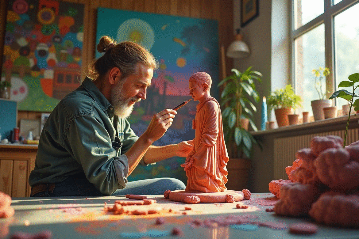 Artiste sculptant une statue en argile dans un studio lumineux