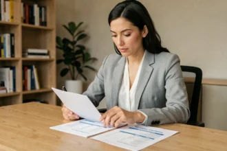 Femme professionnelle consultant un simulateur de budget pour une formation travaux à son bureau