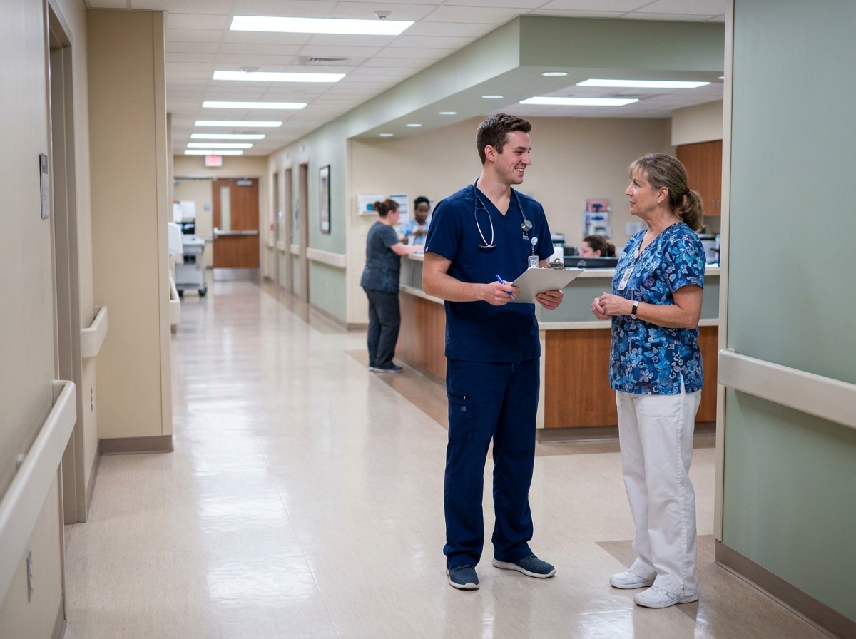 Homme en reconversion professionnelle portant des scrubs dans un couloir d'hôpital lors d'un stage en soins infirmiers