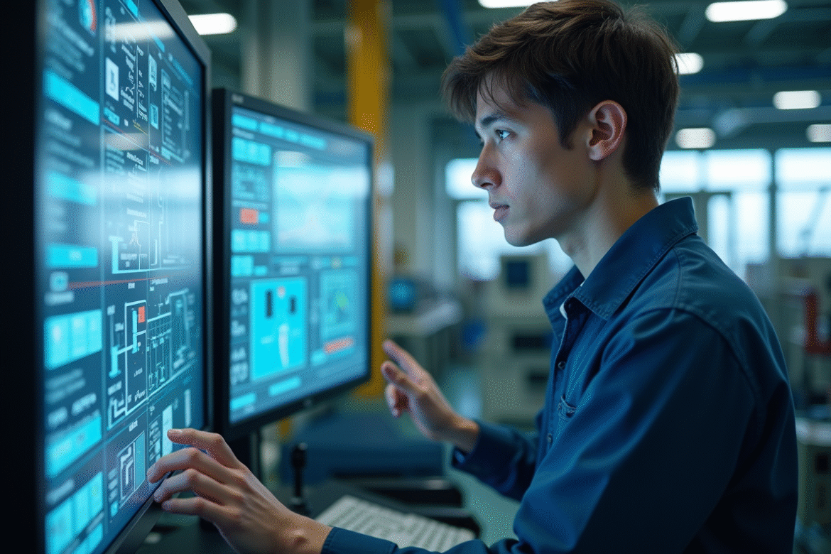 Jeune technicien dans une salle de contrôle industrielle
