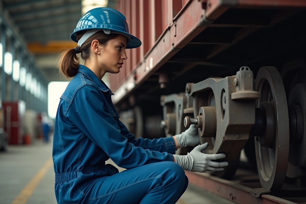 Technicienne de rail inspectant une roue de wagon en hangar