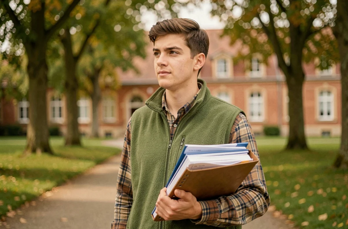 Étudiant en alternance devant les bâtiments en brique rouge du campus UniLaSalle de Beauvais
